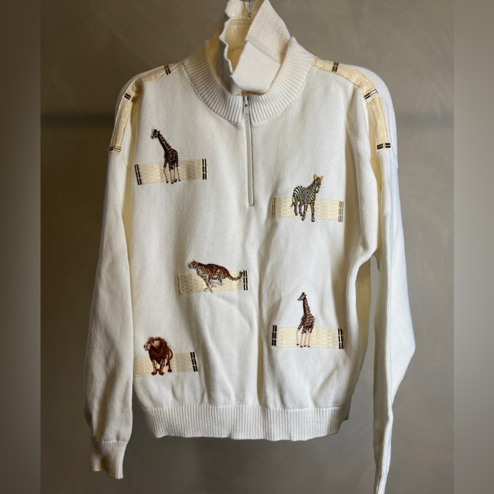 Vintage Safari Animal cream High zip-neck pullover sweater,USA made|Size:S/1400